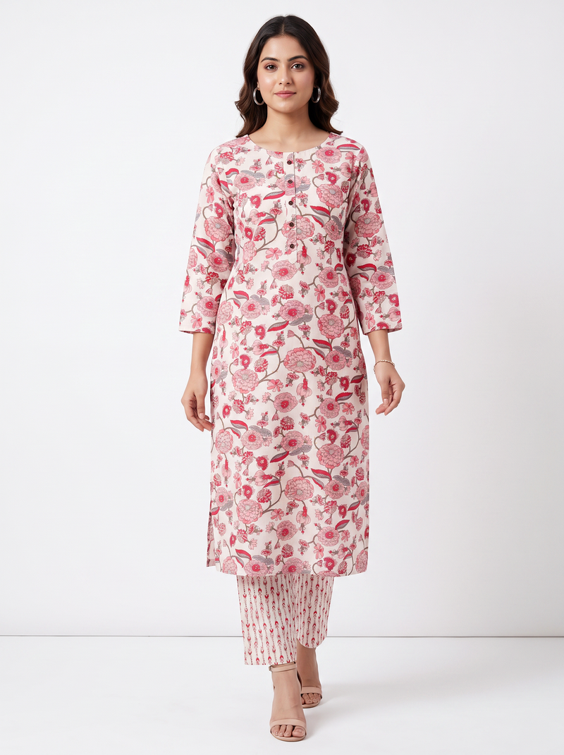 Light Pink Beige Floral Poly-Cotton Kurta Set