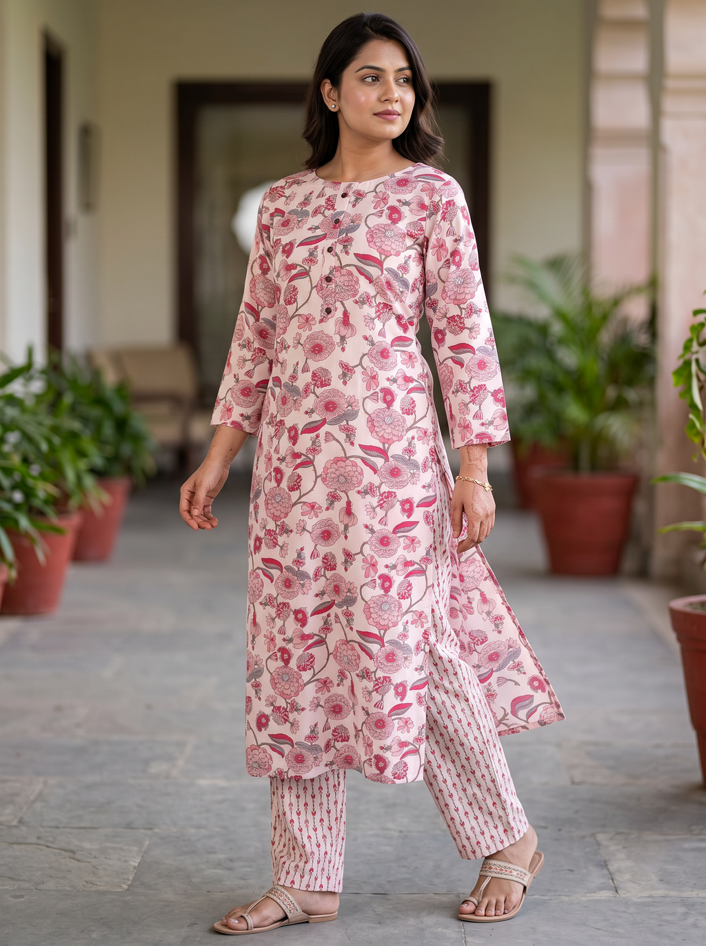 Light Pink Beige Floral Poly-Cotton Kurta Set - product view 2