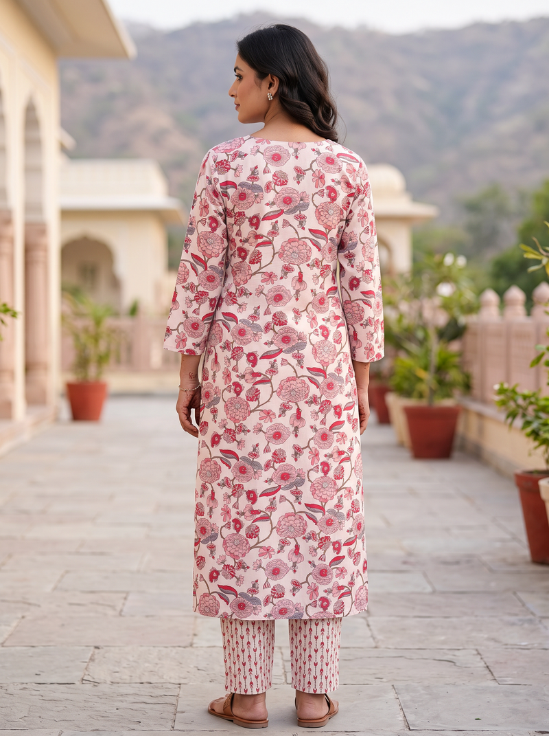 Light Pink Beige Floral Poly-Cotton Kurta Set