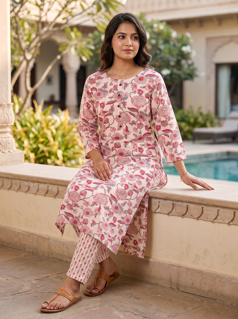 Light Pink Beige Floral Poly-Cotton Kurta Set