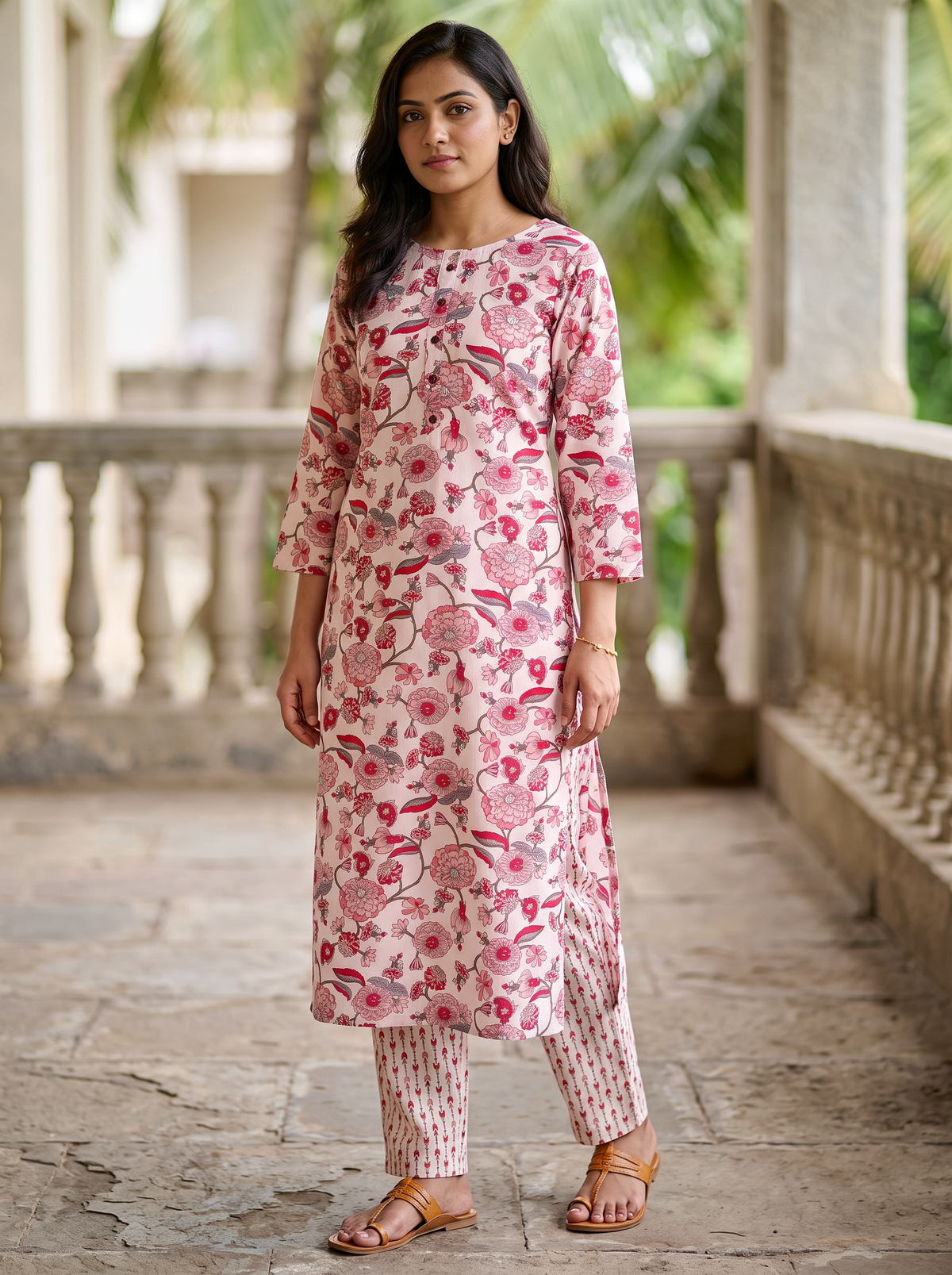 Light Pink Beige Floral Poly-Cotton Kurta Set - product view 5