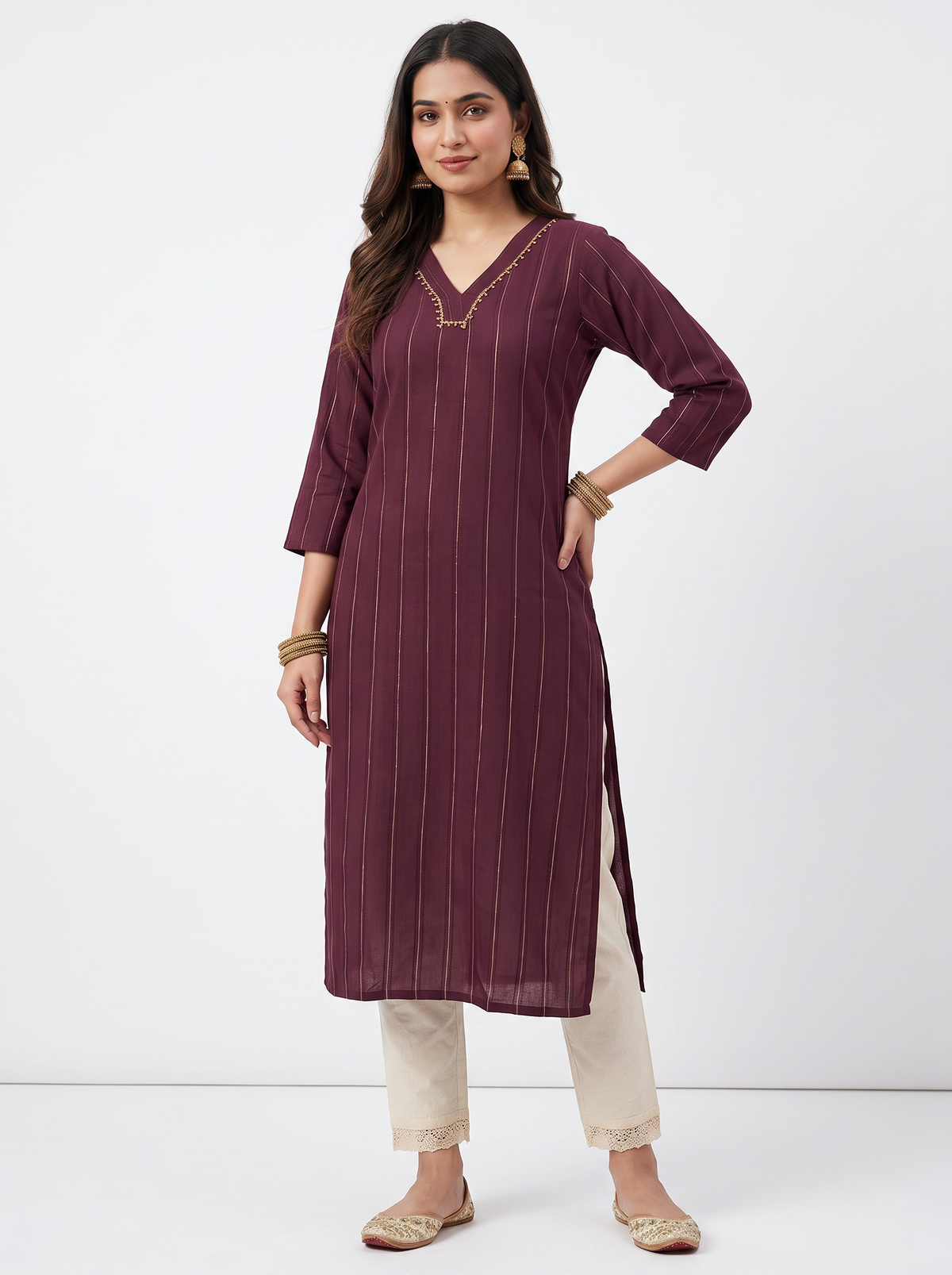 Plum Pinstripe V-Neck Kurti - product view 1