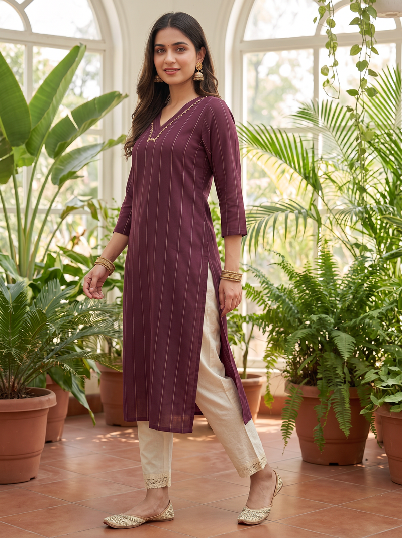 Plum Pinstripe V-Neck Kurti