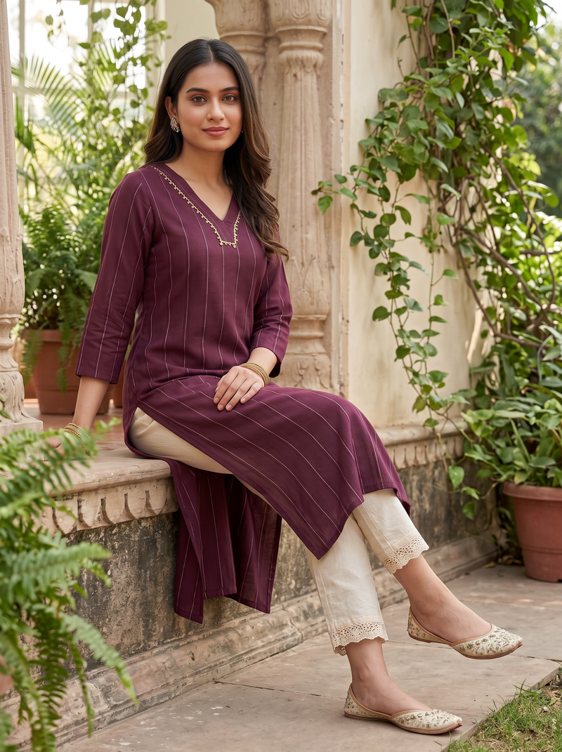 Plum Pinstripe V-Neck Kurti