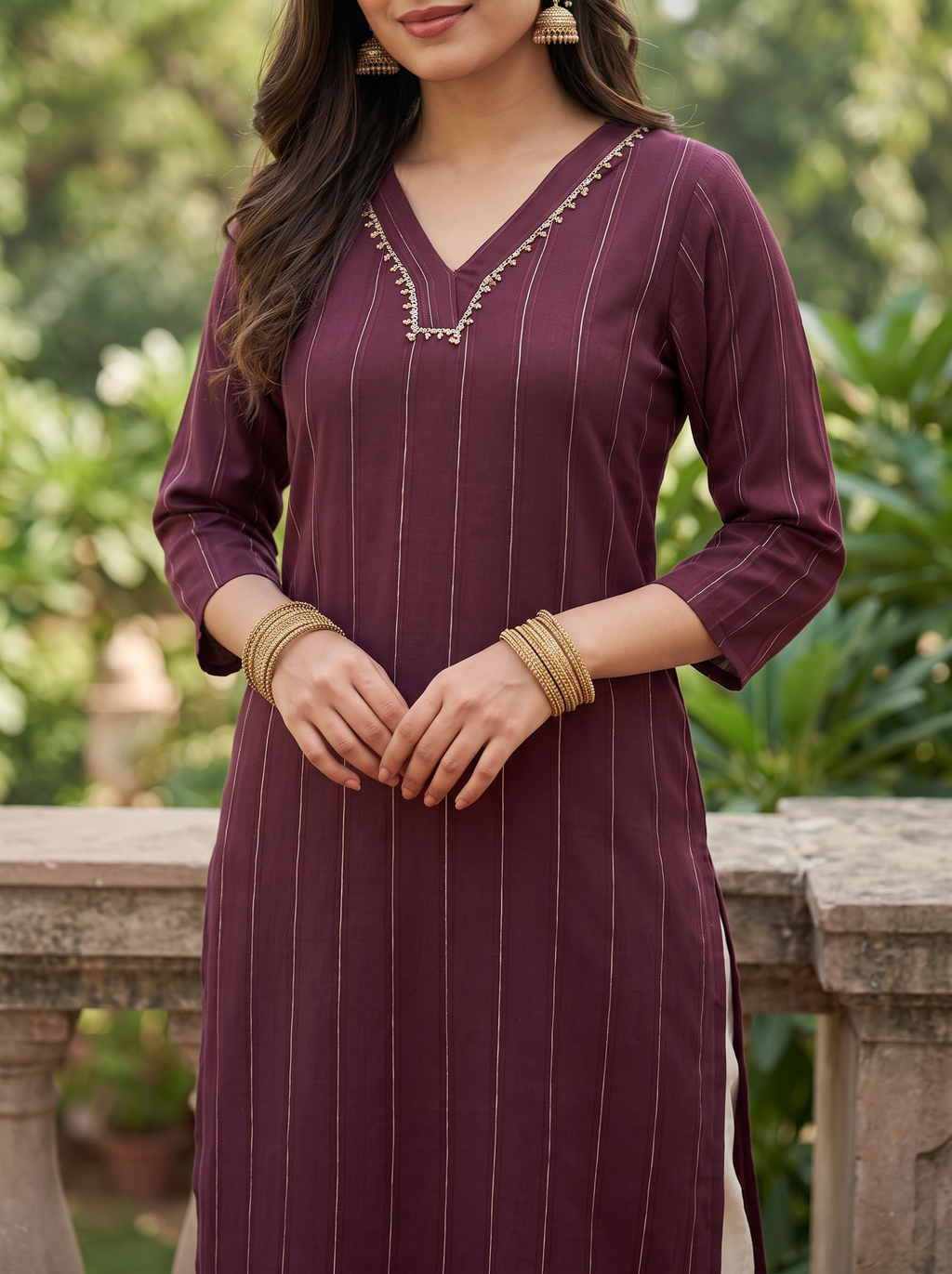 Plum Pinstripe V-Neck Kurti - product view 5
