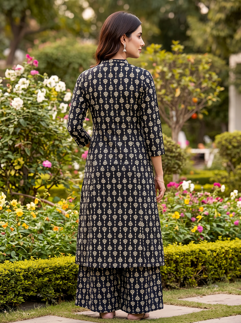 Black Printed Rayon Kurta Palazzo Set