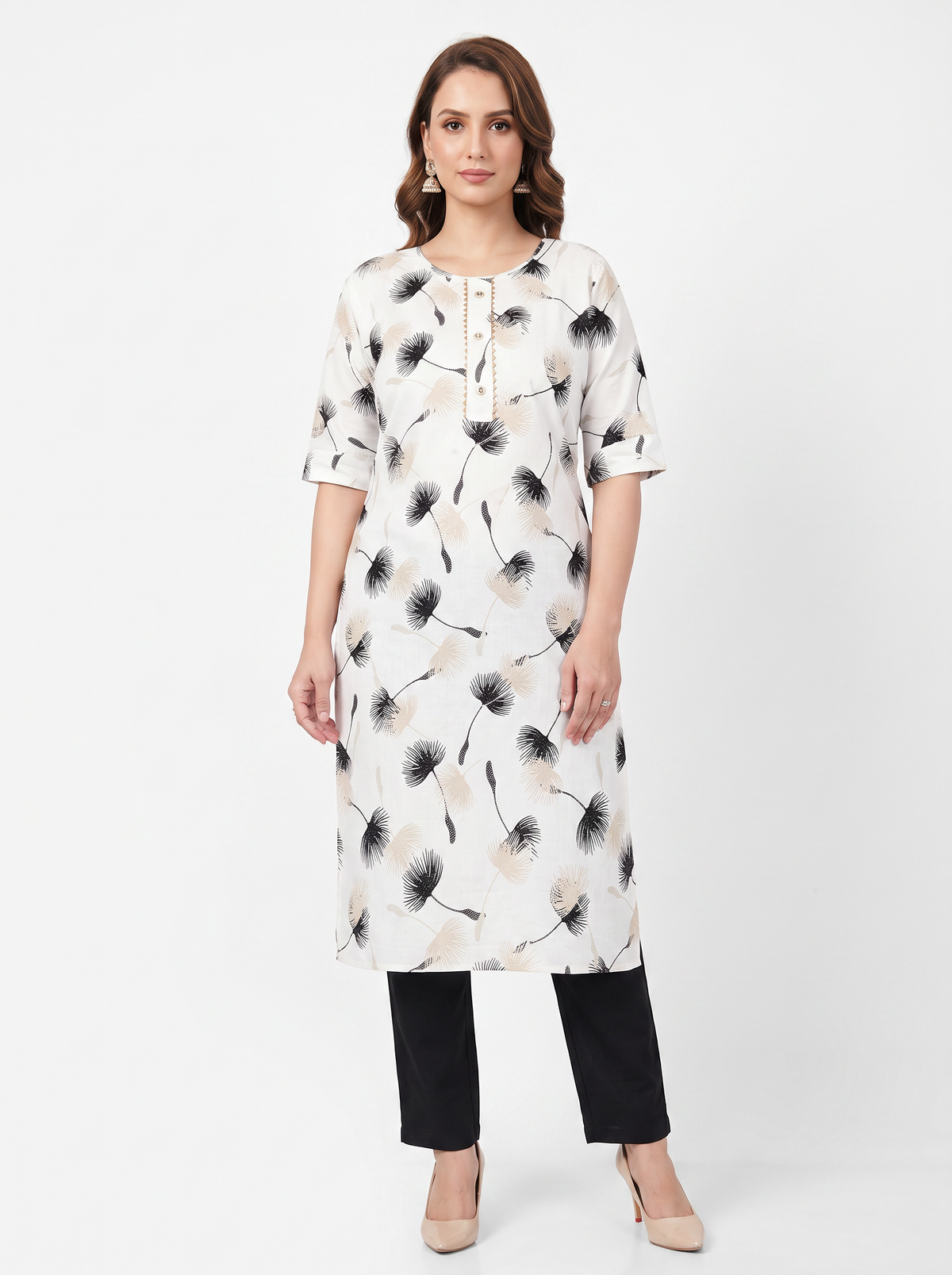 White Monochrome Floral Cotton Kurti - product view 1