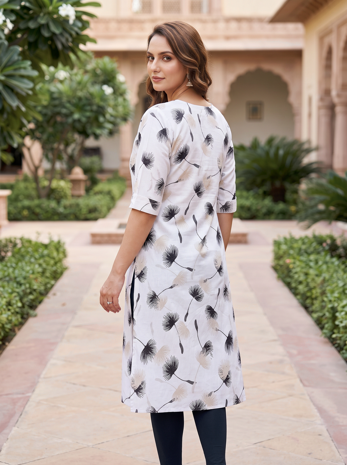 White Monochrome Floral Cotton Kurti - product view 2