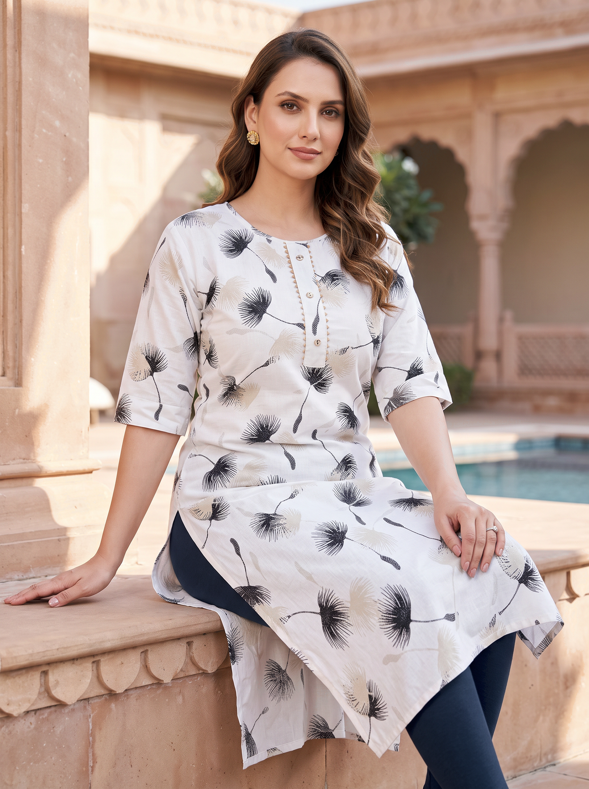 White Monochrome Floral Cotton Kurti - product view 3
