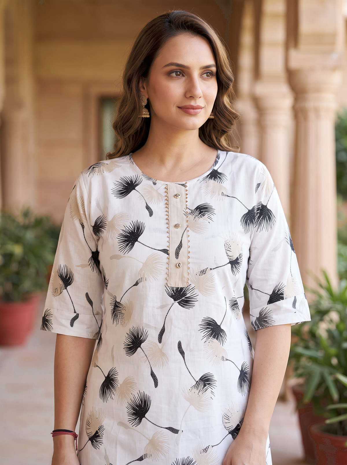 White Monochrome Floral Cotton Kurti - product view 4
