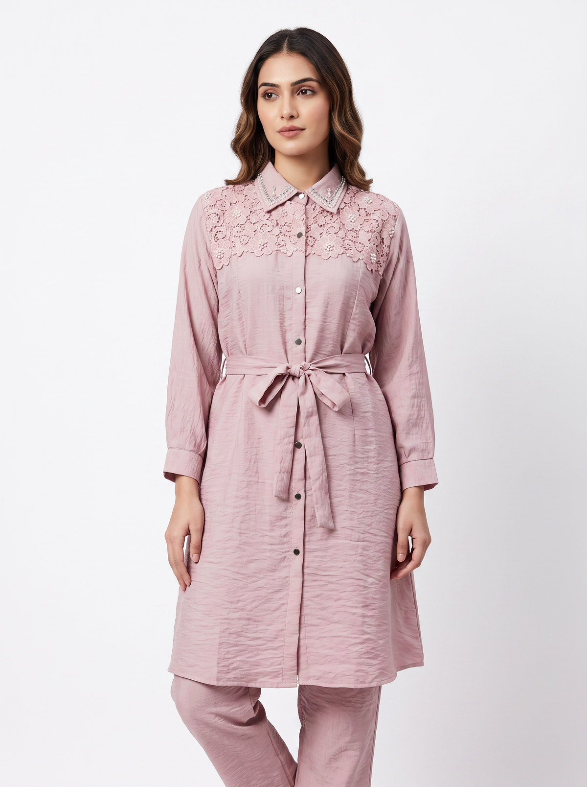 Embellished Belted Shimmer Co-ord Set in Off Pink - product view 1