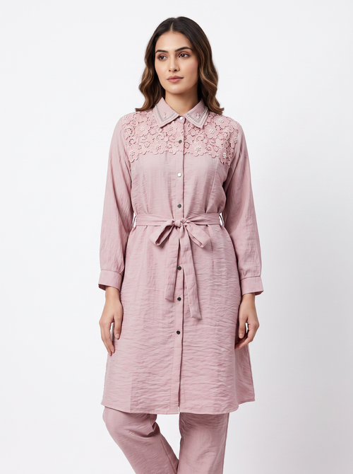Embellished Belted Shimmer Co-ord Set in Off Pink - product view 1