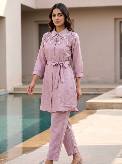 Embellished Belted Shimmer Co-ord Set in Off Pink - product view 2