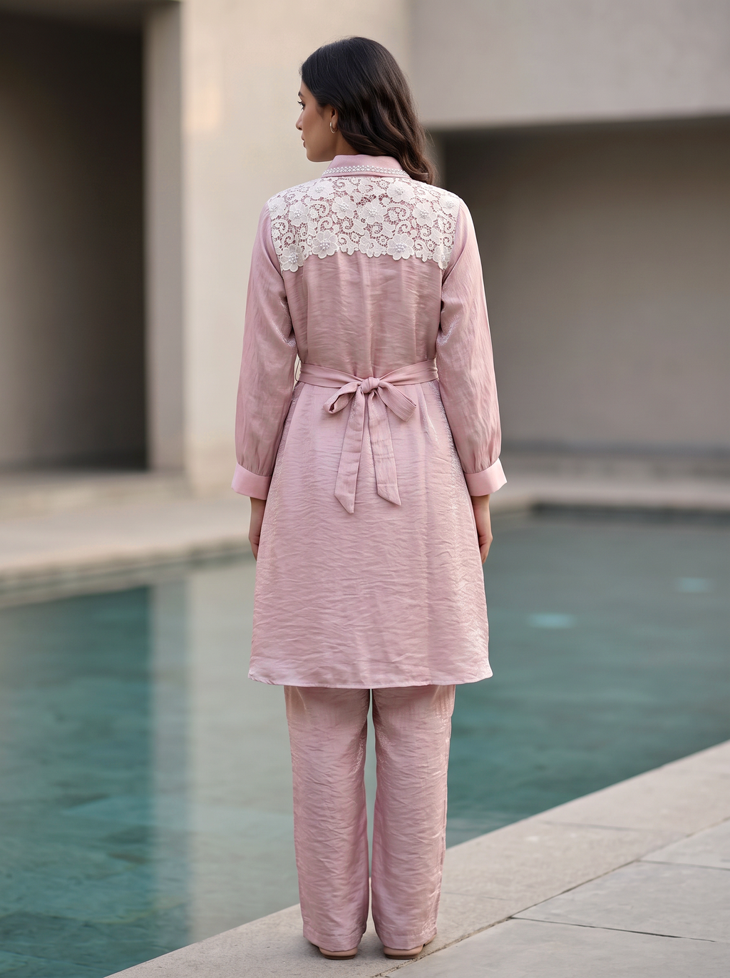 Embellished Belted Shimmer Co-ord Set in Off Pink - product view 3