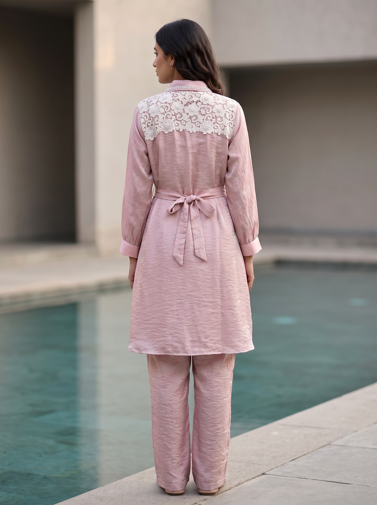 Embellished Belted Shimmer Co-ord Set in Off Pink - product view 3