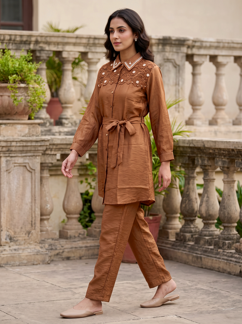 Embellished Belted Shimmer Co-ord Set