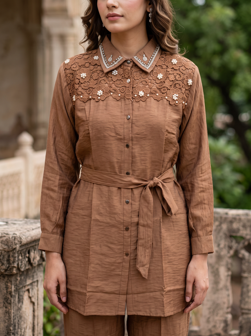 Embellished Belted Shimmer Co-ord Set