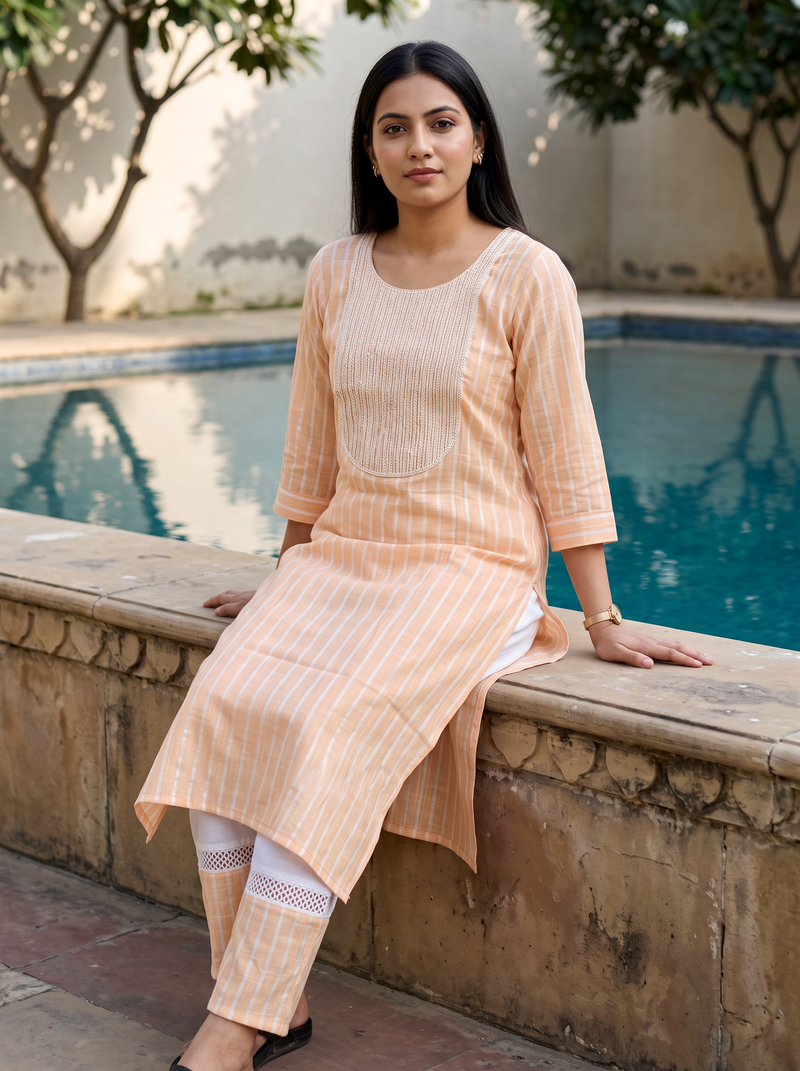 Light Orange Striped Cotton Kurta Pant Set