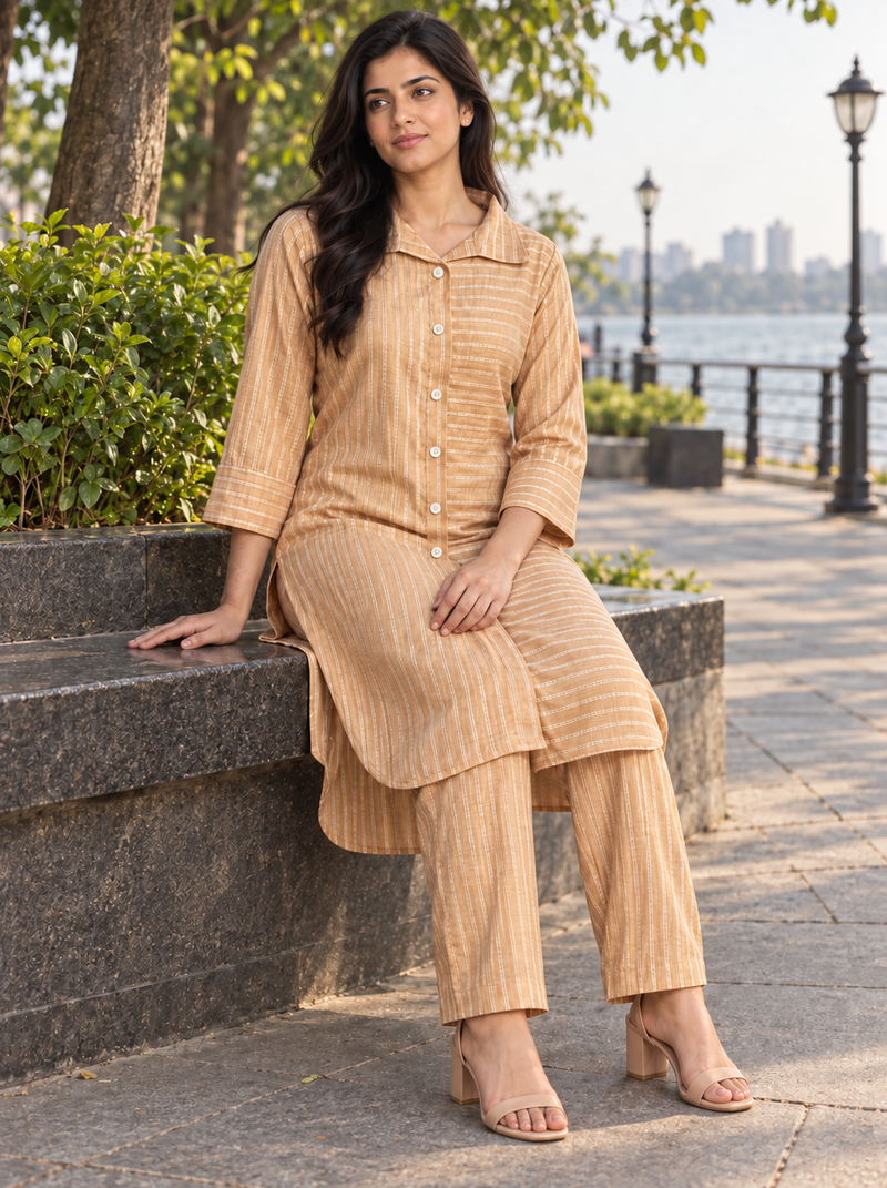 Light Brown Textured Cotton Co-ord Set