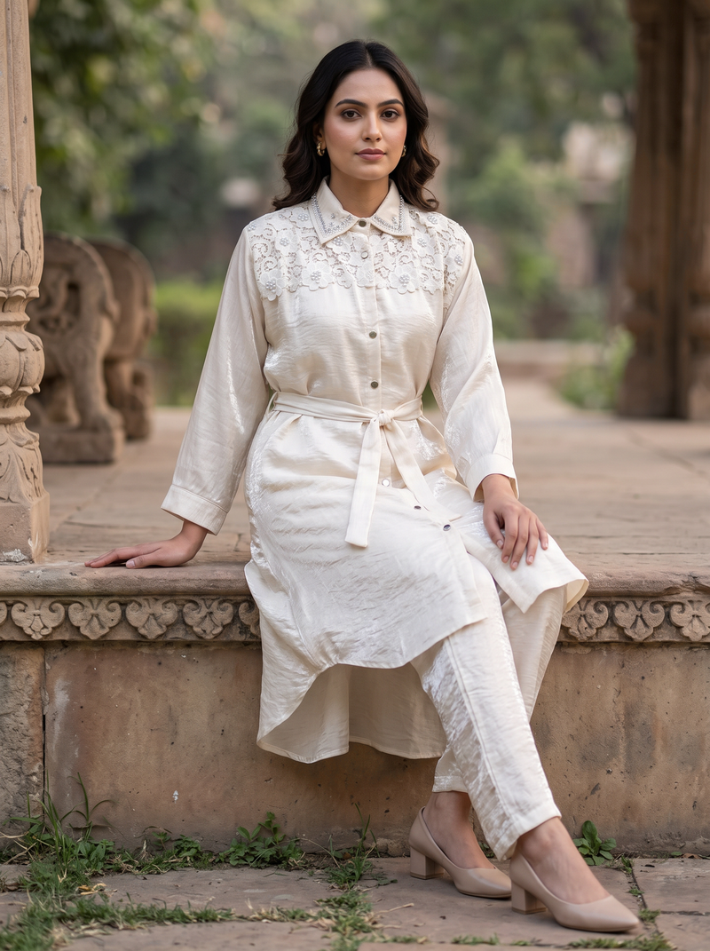 Embellished Belted Shimmer Co-ord Set
