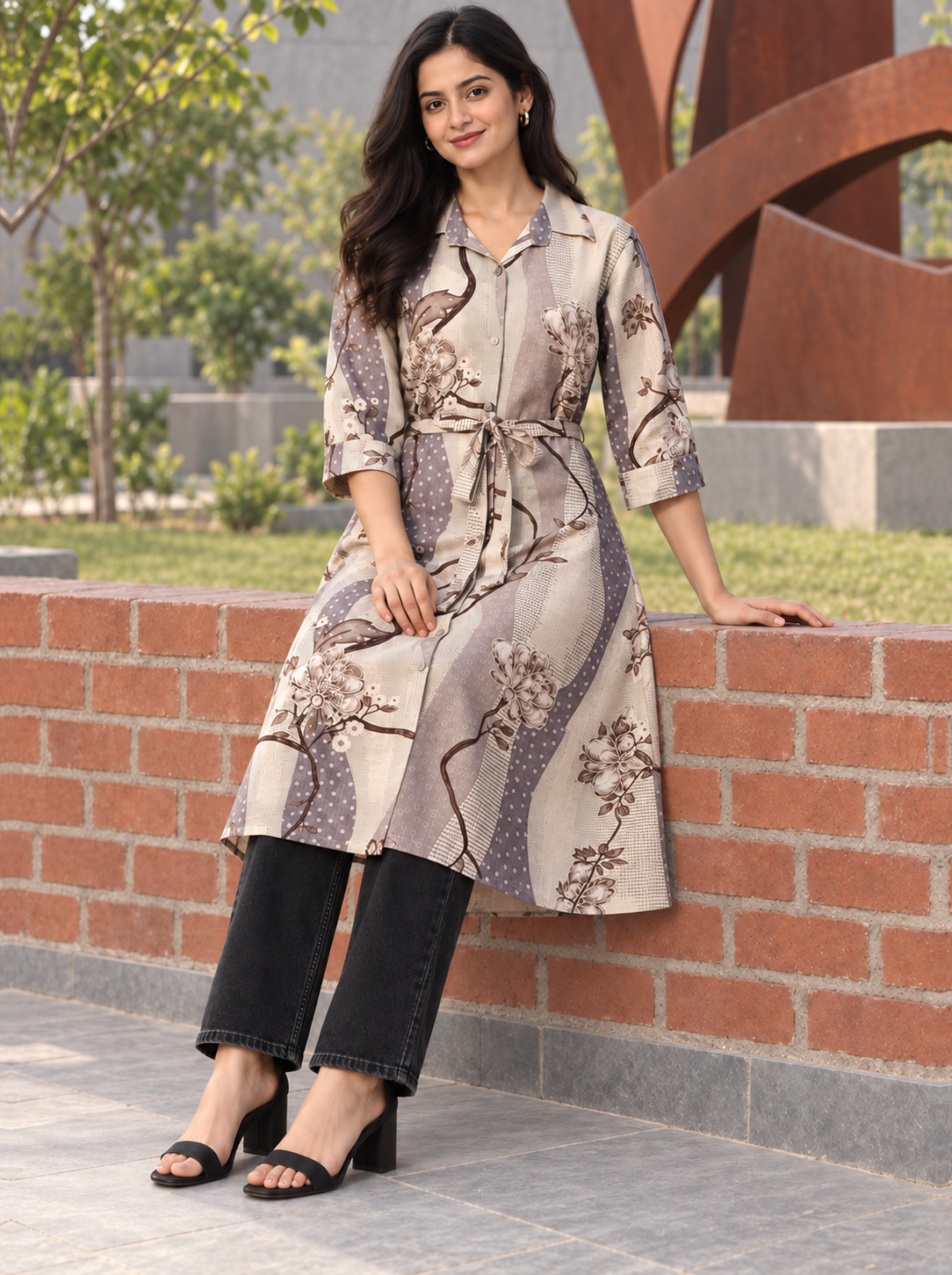 Grey Handloom Cotton Belted Kurti