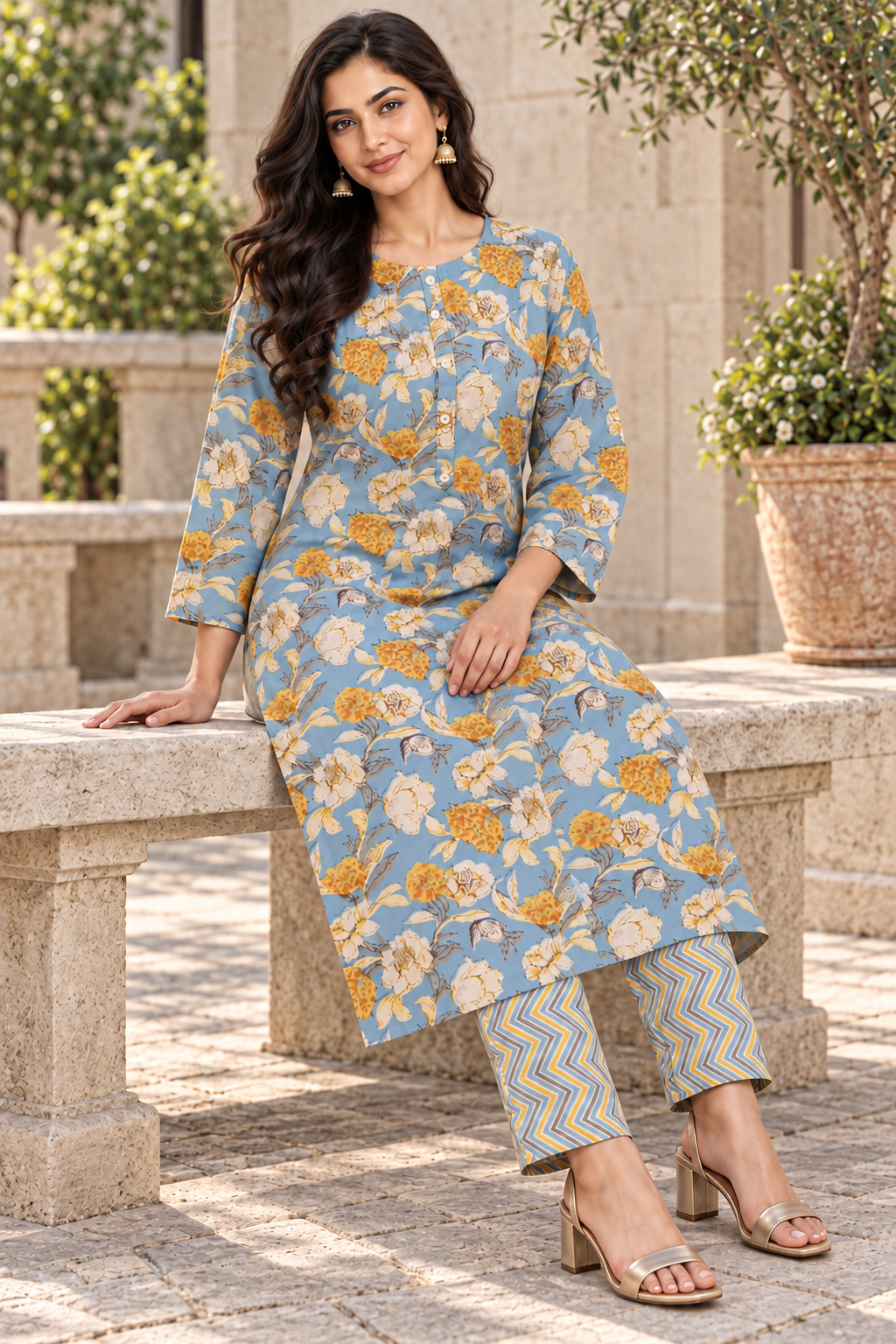 Powder Blue Floral Poly-Cotton Kurta Set